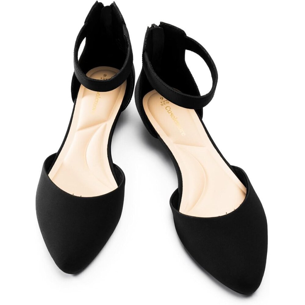 Women Black Nubuck Faux Leather Closed Toe Ankle Strap Low Wedge Heel Shoes